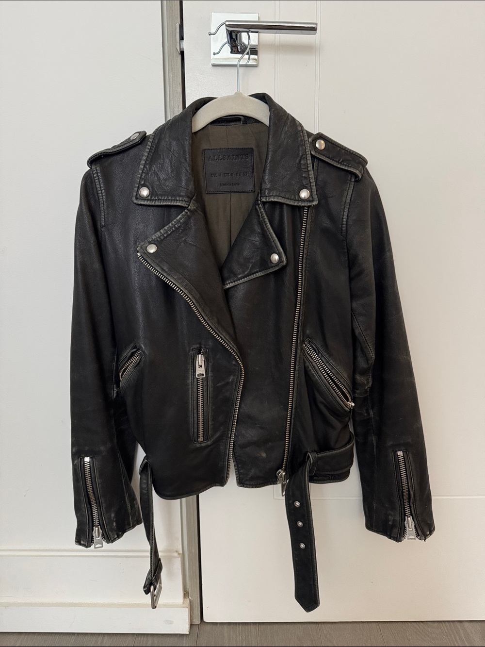 ALLSAINTS Distressed Black Leather Moto Jacket with Belt | Women’s US 0